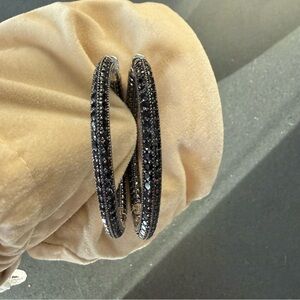 9.12CTW ROUND BLACK SPINEL STERLING SILVER INSIDE OUT HOOP EARRINGS